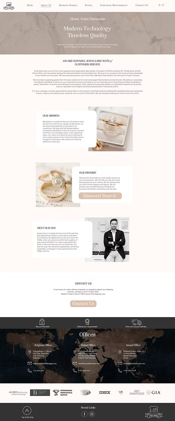 Anita Diamonds final UI - About Us desktop